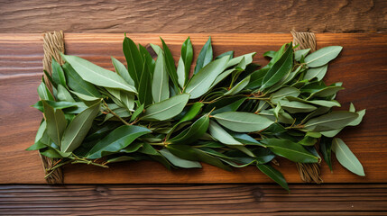 Ground bay leaves on wooden table top view flat lay