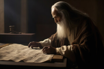 Elderly man studying ancient texts in a serene setting.