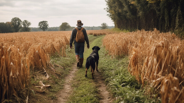 A farmer walks through a cornfield with his dog. AI Generated