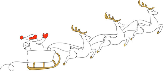 Santa flies on a sleigh with reindeer line drawing, outline, vector