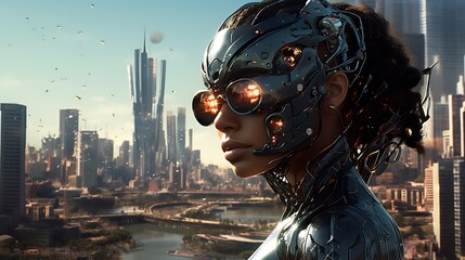 Portrait of a cyborg woman in a futuristic cityscape - obrazy, fototapety, plakaty