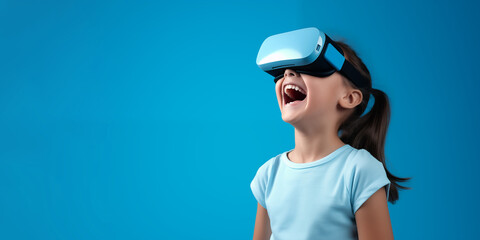 Young girl getting experience using VR headset glasses isolated on a blue background with copy space