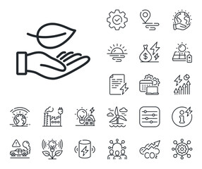 Grow plant sign. Energy, Co2 exhaust and solar panel outline icons. Leaf line icon. Environmental care symbol. Leaf line sign. Eco electric or wind power icon. Green planet. Vector