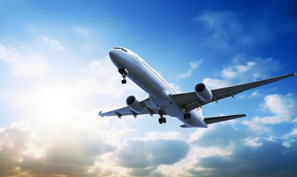 Airplane flying in the air with sunlight shining in blue sky background. Travel journey and Wanderlust transportation concept. 3D illustration, Generative AI