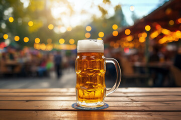 Isolated Beer Stein on a Wooden Table at Oktoberfest - obrazy, fototapety, plakaty