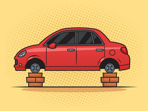 Car with stolen wheels stands on brick supports pinup pop art retro hand drawn raster illustration. Comic book style imitation.