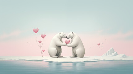 two polar bears with heart shaped balloons on ice