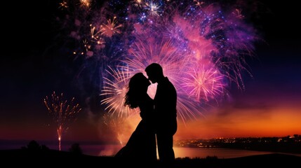 Silhouette of a loving couple kissing against fireworks on the background