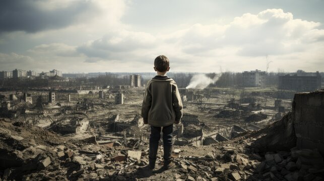A young boy stands on the ruins of city destroyed by war