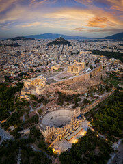 Aerial view of the skyline and ancient ruins at the Acropolis of Athens, Greece, and Odeon of...