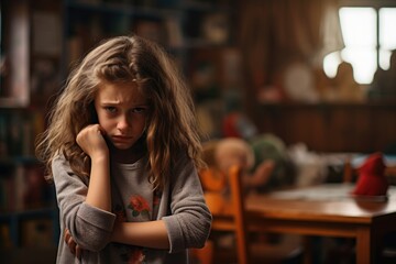 Fototapeta premium sad depressed young girl child sit in your room.