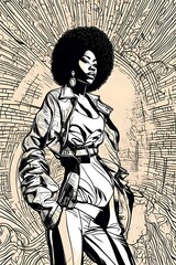 Fototapeta premium An illustration of a pretty black african american woman with an afro from the 1970s disco era. Black and white line drawing.