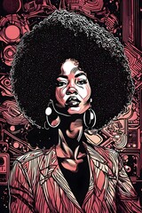 An illustration of a pretty black african american woman with an afro from the 1970s disco era. Black and white line drawing.