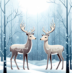 Cute cartoon drawing of a pair of forest deer in a Scandinavian style against the background of a winter forest where snow is falling. Concept of winter, Christmas, cozy,printing on T-shirts, mugs