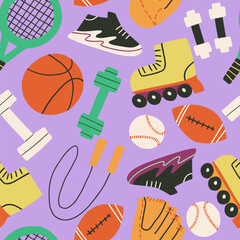 Seamless pattern with sports equipment in flat style. Jump rope, sneakers, ball, dumbbells and more. Vector illustration.
