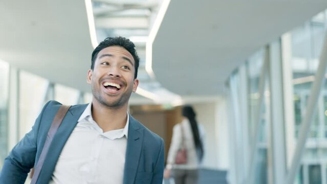 Business man, high five and dancing to celebrate success with a colleague in an office building. Happy or funny employee and woman walking in a lobby while excited about achievement, win or bonus