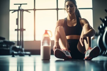 Sport woman sitting and resting after workout or exercise in fitness gym with protein shake or drinking water on floor. Relax concept. Strength training and Body build up theme. Warm, Generative AI - obrazy, fototapety, plakaty