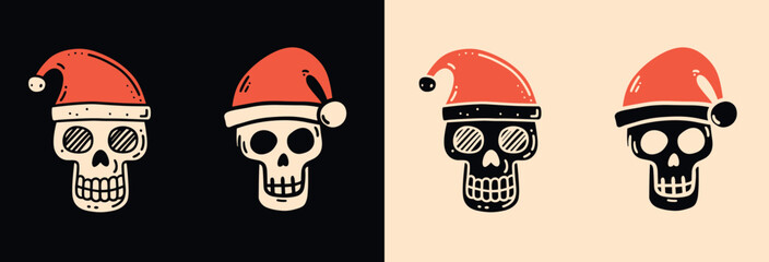 Skull Santa hat illustration for funny gothic Christmas cards and decorations. Creepy holiday season aesthetic. Minimalist hand drawn naive style vector illustration for xmas printable products. - obrazy, fototapety, plakaty