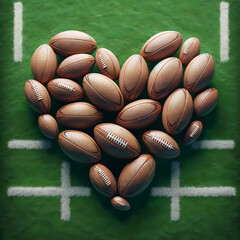 A photo-realistic image of rugby balls arranged in a heart shape on a rugby field