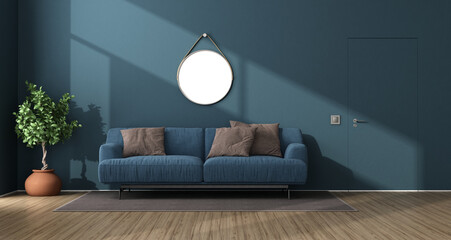 Blue modern living room with invisible door - obrazy, fototapety, plakaty