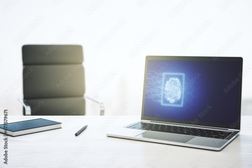 Poster Abstract creative fingerprint illustration on modern laptop monitor, digital access concept. 3D Rendering