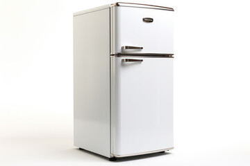 Top Mount Fridge Isolated on White Background. Side View of Stainless Steel Double Door Refrigerator. Modern Kitchen and Household Domestic Appliances. Full Frost Free Freezer.
