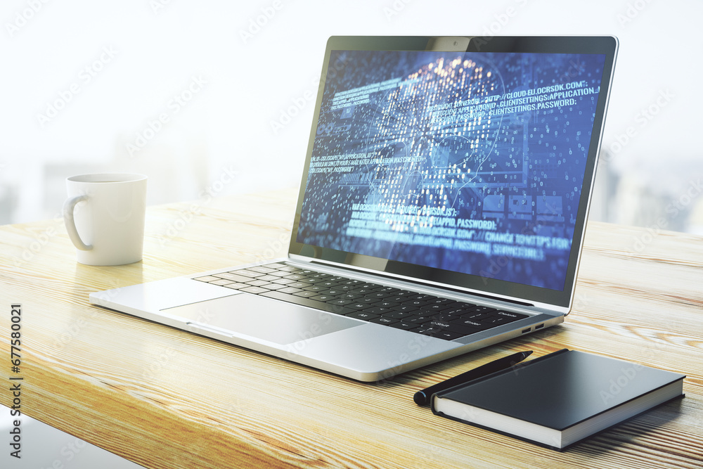 Aufkleber creative code skull sketch on modern laptop monitor, theft of personal data and malware concept. 3d 