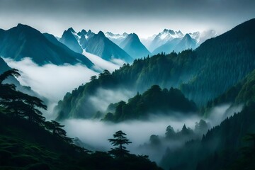 A panoramic view of distant mountain peaks, partially obscured by the mist of a refreshing rain. The layers of mist and rain create a dreamlike atmosphere in this untouched mountain wilderness.