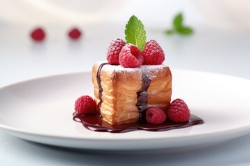 Creative trendy croissant in a shape of cube with chocolate and raspberry