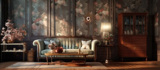 Fototapeta na wymiar In the vintage themed living room a beautiful banner of flowers hung against the wooden wall complementing the intricate patterns on the furniture enhancing the overall luxurious and artisti