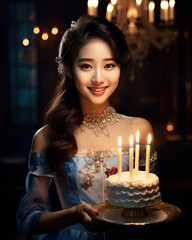 Obraz na płótnie Canvas A beautiful woman holding a birthday cake for celebration