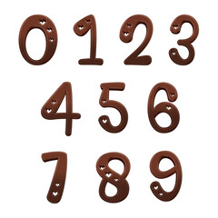 Chocolate candy 3D numbers from 0 to 9, isolated on transparent background. This is a part of a set which also includes letters, symbols, and shapes.