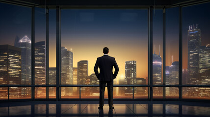 Fototapeta na wymiar Businessman standing and looking at the big city in the morning