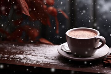 hot chocolate cup in winter with snow