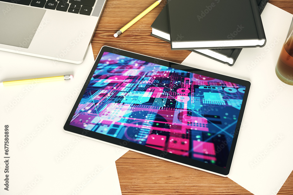 Leinwandbilder top view of modern digital tablet screen with abstract creative programming illustration, big data a