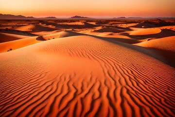 Fototapeta na wymiar A desert landscape with dunes bathed in the soft orange and pink hues of the setting sun, creating a surreal atmosphere