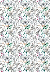 Black and white butterflies and floral seamless pattern. Watercolor botanical texture - 677580839
