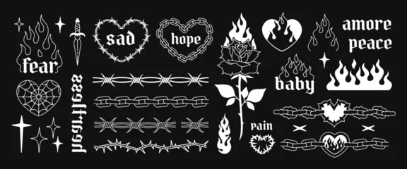 Foto op Plexiglas Y2k temporary Tattoo Art design in 2000s style. Y2k Line art tattoo stickers. Emo Goth Heart chain, Rose, Heart fire, Flame. Barbed wire and chain frame tattoo elements. Vector tattoo prints dsgn © VRTX
