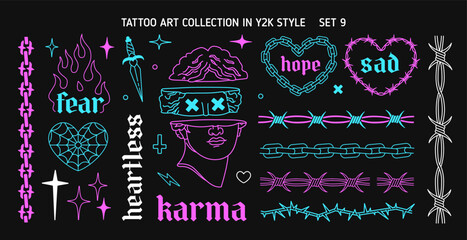 Y2k Glam Tattoo Art set 9 in 1999s 2000s style. Y2k Emo Goth heart, flame, antique statue head. Chain frame element. Barbed wire frame element. Goth Tattoo line art stickers. Printable vector designs - obrazy, fototapety, plakaty