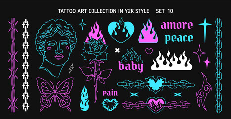 Y2k Glam Tattoo Art set 10 in 1999s 2000s style. Y2k Emo Goth heart, butterfly, chain, flame silhouette, antique statue head. Barbed wire frame. Goth Tattoo line art stickers. Printable vector designs - obrazy, fototapety, plakaty