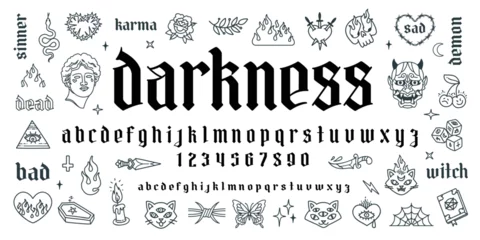 Fotobehang "Darkness" gothic tattoo art font type. Aesthetic 2000s gothic punk style font. Y2k isoteric tattoo line art set of butterfly, rose, snake, heart chain. Neo goth style tattoo vector font type design © VRTX