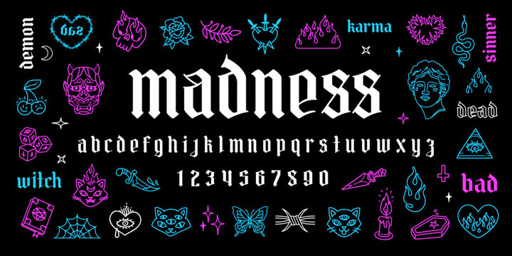 "Madness" gothic tattoo art font type. Aesthetic 2000s neon gothic punk style font. Y2k isoteric tattoo line art set of butterfly, flame, rose, snake, heart chain. Vector dark tattoo font type design