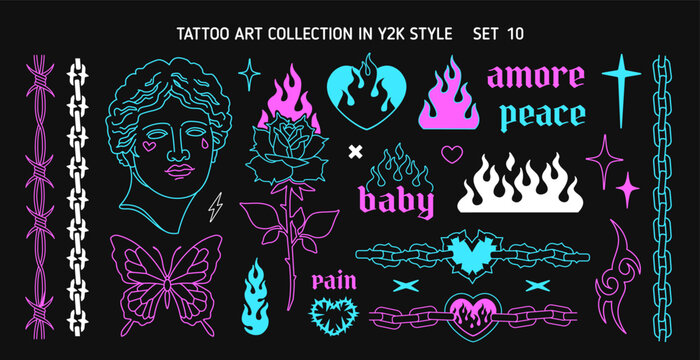 Y2k Glam Tattoo Art set 10 in 1999s 2000s style. Y2k Emo Goth heart, butterfly, chain, flame silhouette, antique statue head. Barbed wire frame. Goth Tattoo line art stickers. Printable vector designs