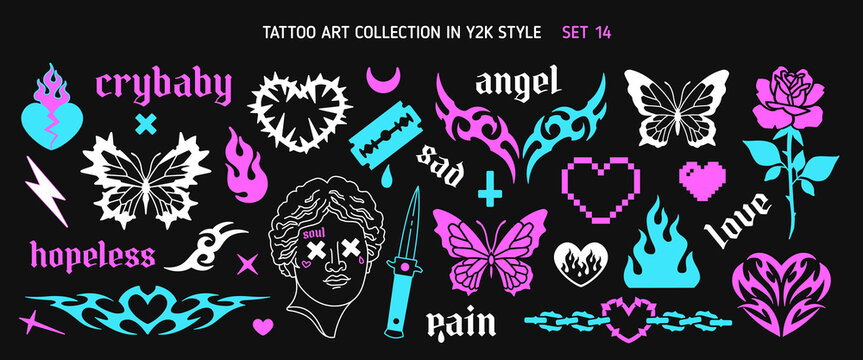 Glam Tattoo Line Art set 14 in 1999s 2000s style. Y2k Emo heart, butterfly, barbed wire, chain, flame, antique statue head. Neo tribal pattern decoration. Goth tattoo stickers. Vector print design