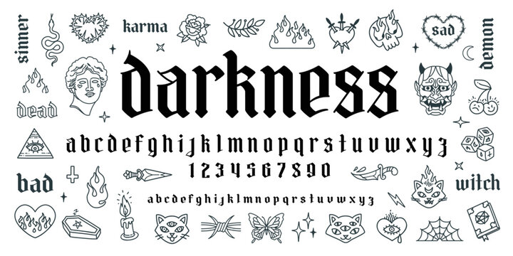 "Darkness" gothic tattoo art font type. Aesthetic 2000s gothic punk style font. Y2k isoteric tattoo line art set of butterfly, rose, snake, heart chain. Neo goth style tattoo vector font type design
