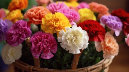 Variety of colorful carnation flowers in a basket. Mother's Day Concept. Valentine's Day Concept with a Copy Space. Springtime.