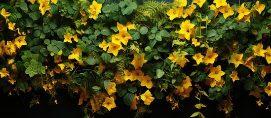 In the vibrant summer amidst nature s blooming beauty a wall adorned with green leaves becomes a canvas of color as plants on the floor bask in the growth and radiance of yellow petals enhan