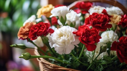 Obraz na płótnie Canvas Bouquet of red and white carnation flowers in a basket. Mother's Day Concept. Valentine's Day Concept with a Copy Space. Springtime.