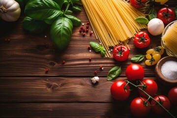 Tasty appetizing italian spaghetti pasta ingredients for kitchen cuisine with tomato, cheese parmesan, olive oil, fettuccine and basil on wooden brown, Generative AI - obrazy, fototapety, plakaty