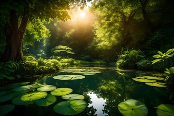 A tranquil pond surrounded by lush green leaves, with the morning sun's reflection dancing on the water's surface.
